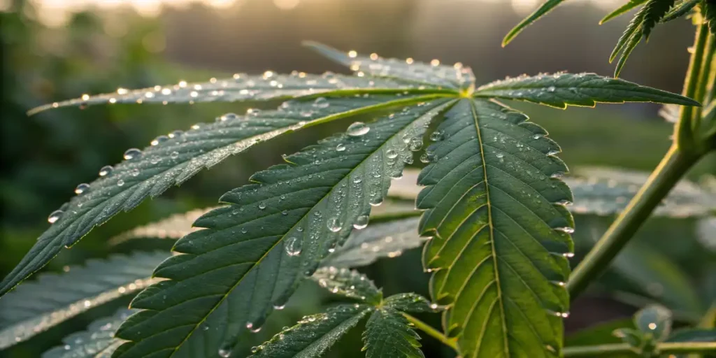 cannabis leaf water droplets healthy high brix plant