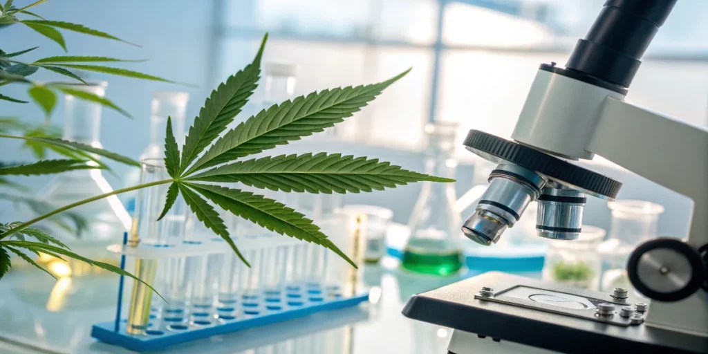 cannabis leaf next to microscope in laboratory with test tubes
