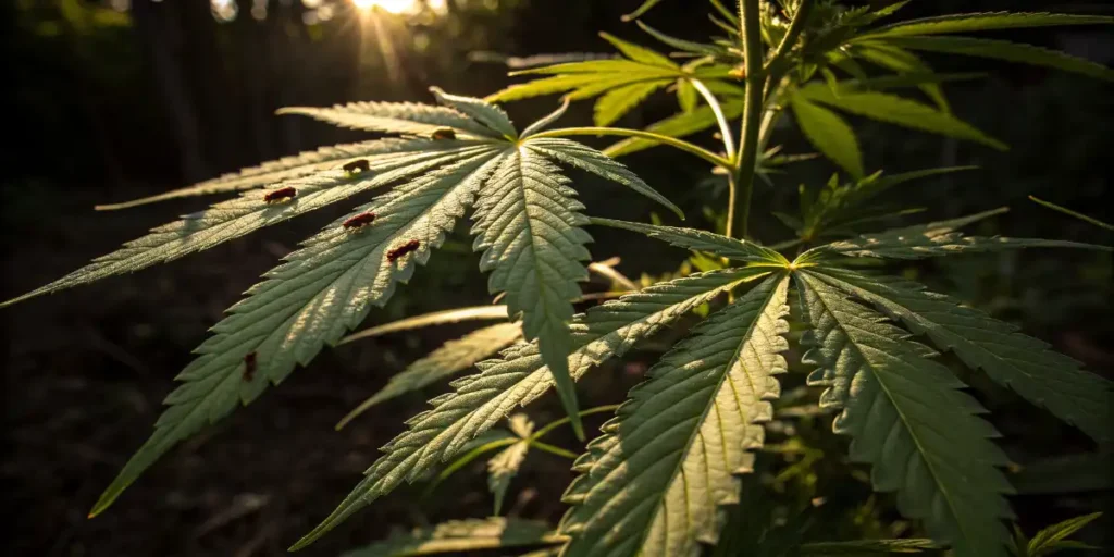 cannabis leaf with insects pest damage close up