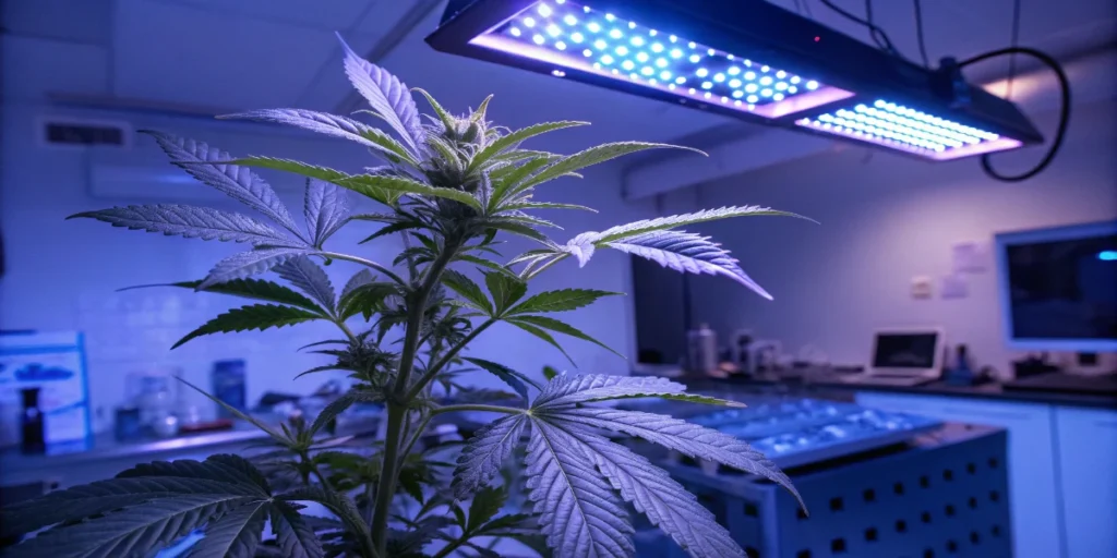 cannabis plant under LED grow light reduced UV exposure