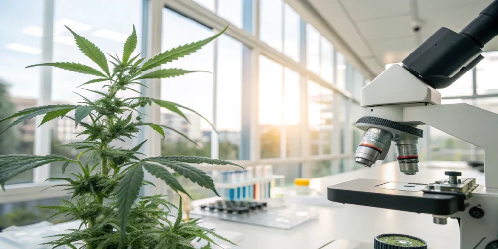 scientists analyzing cannabis plants in greenhouse using molecular markers