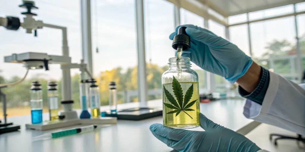 Scientist holding cannabis oil sample in glass bottle with dropper
