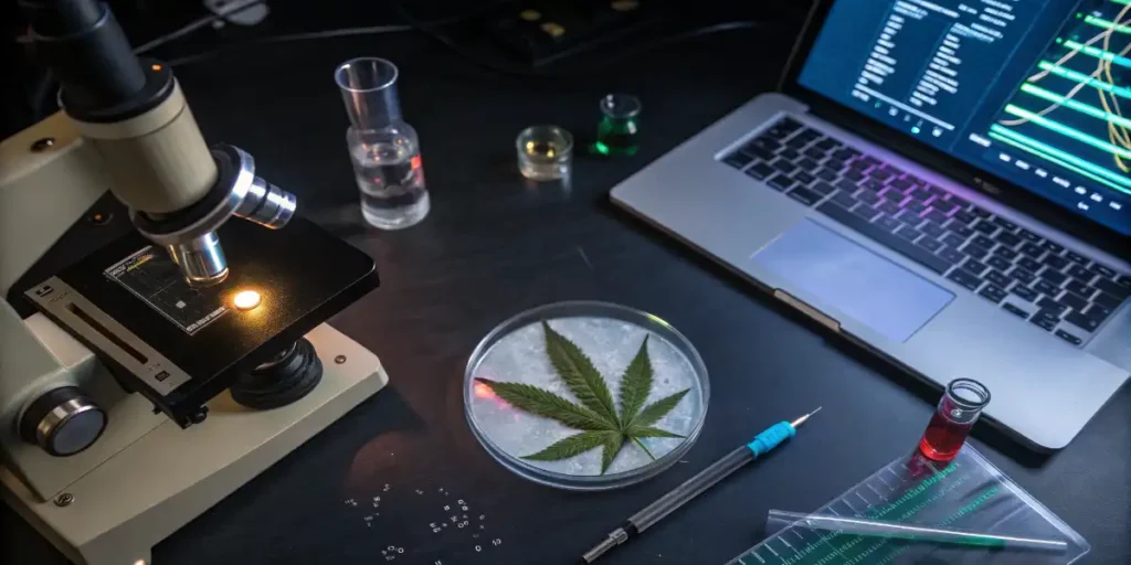 scientists inspecting cannabis plants phenotype with magnifying glass in greenhouse
