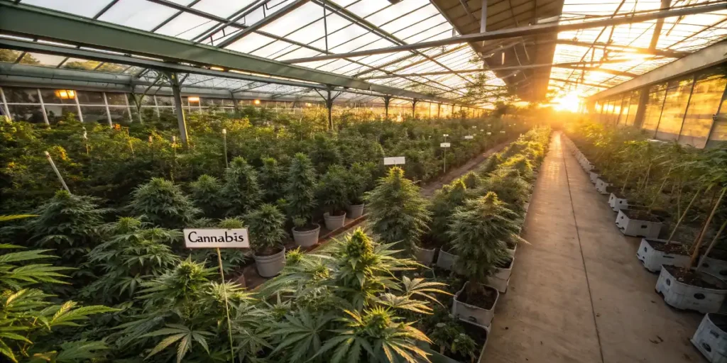 Large greenhouse with labeled cannabis plants under sunlight for phenotype tracking