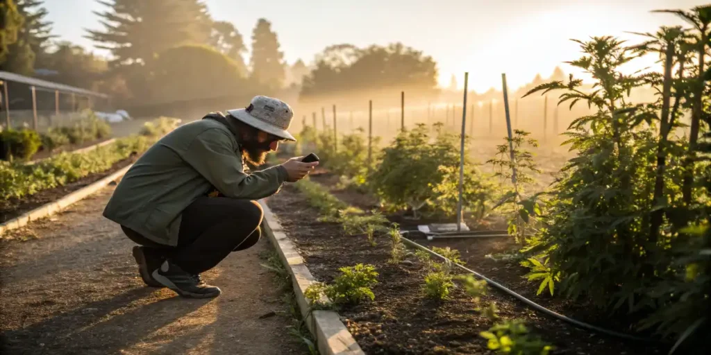 farmer analyzing cannabis plants health before flushing brix