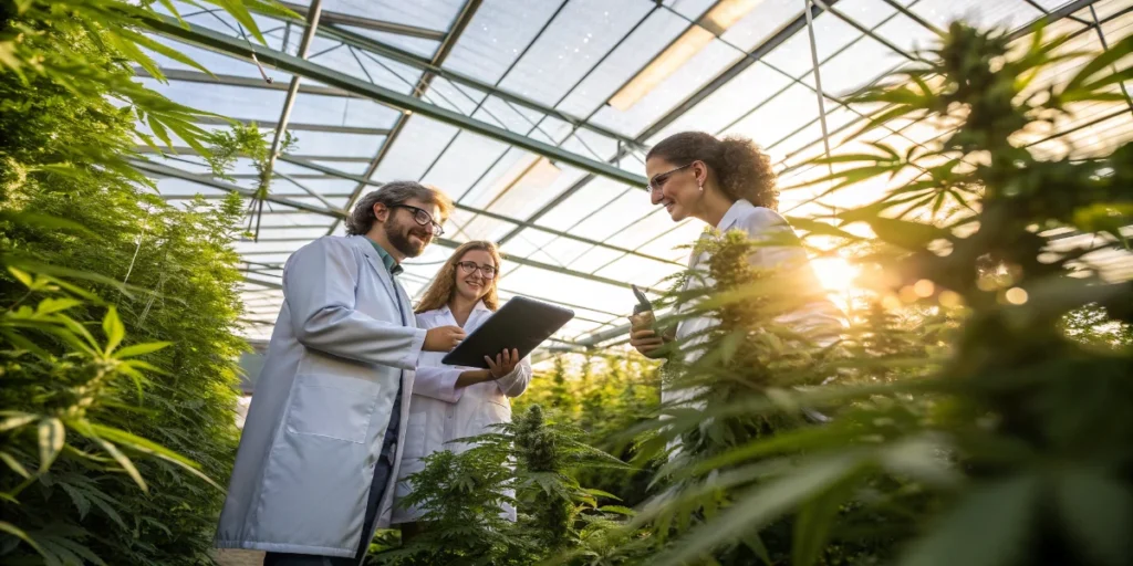 cannabis plant next to microscope in laboratory for genetic analysis
