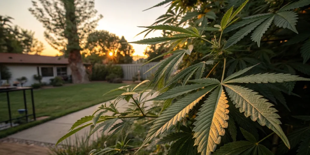 Outdoor cannabis plant with healthy leaves in balanced humidity environment.