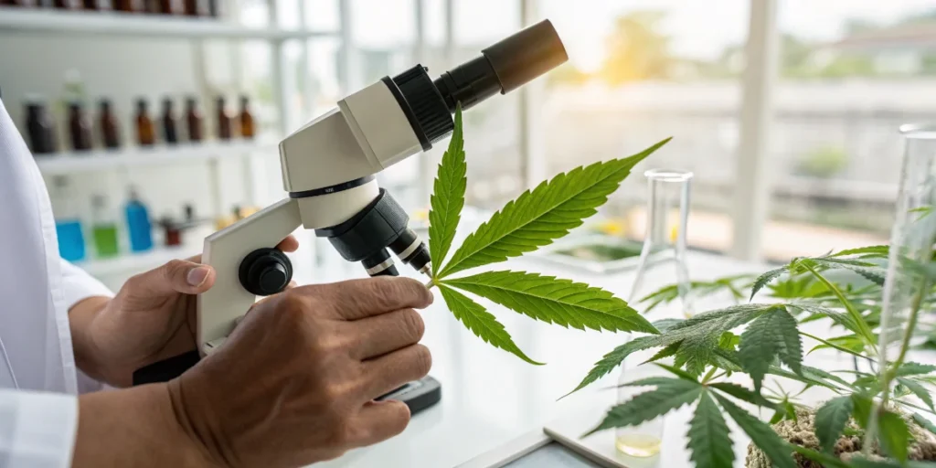 Testing cannabis plant leaves in the field to assess sugar levels and overall plant condition.