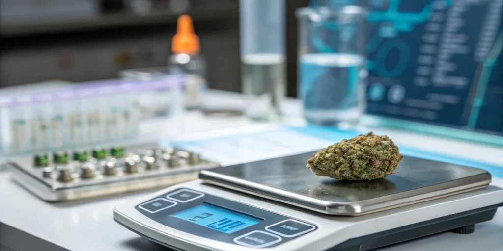 cannabis bud being weighed in laboratory for quality and genetic evaluation