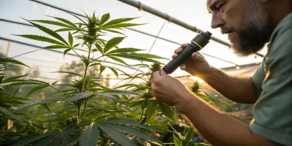 technician using refractometer to measure brix levels in indoor cannabis grow