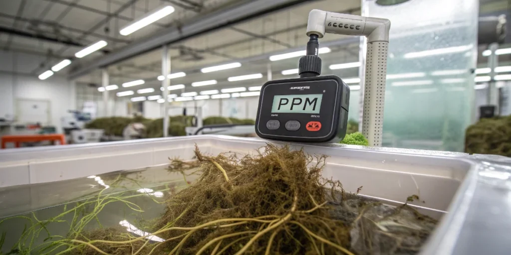 Measuring nutrient PPM levels in cannabis root system hydroponics.