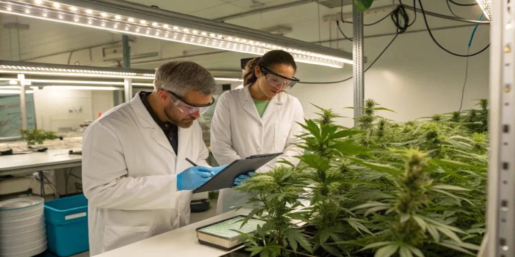 Scientists documenting cannabis plant samples for DNA sequencing analysis