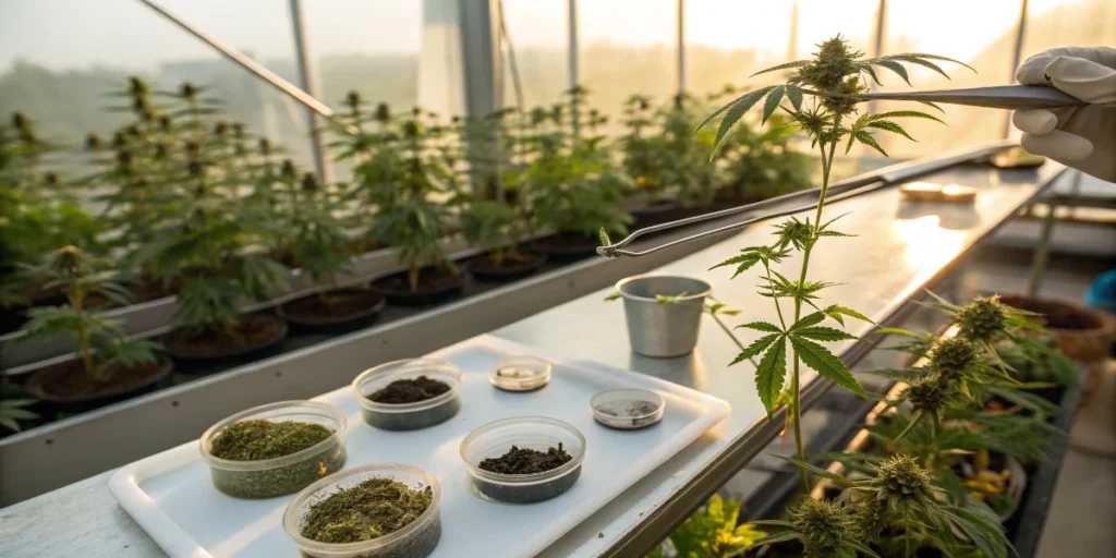 Technician collecting cannabis plant sample with tweezers in lab setting