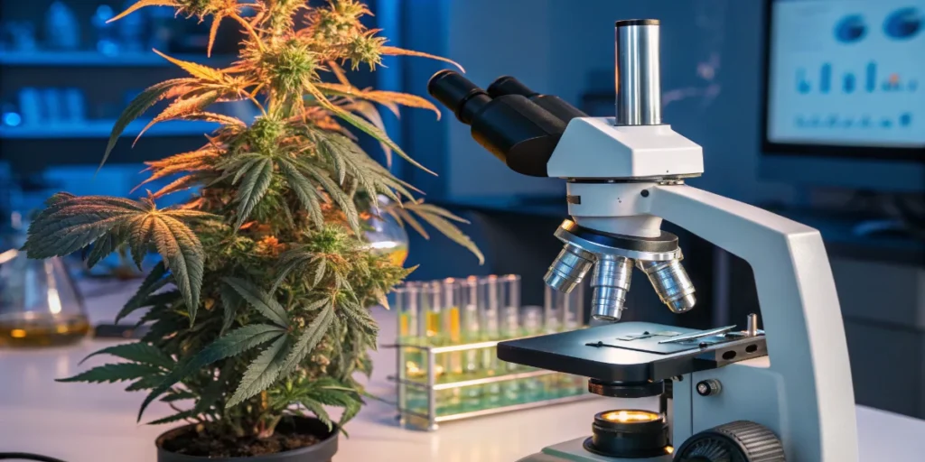 Cannabis plant analyzed under microscope in laboratory