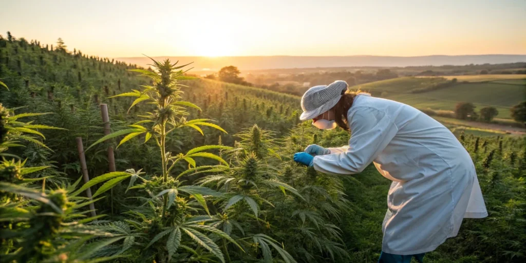 scientist inspecting cannabis plants in outdoor field at sunset