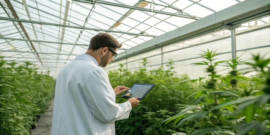 scientist analyzing cannabis plants in greenhouse using digital tablet