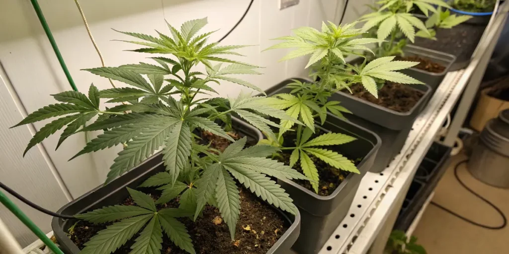 Indoor cannabis seedlings with yellowing leaves caused by nutrient deficiency or pH imbalance.