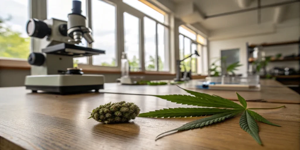 Cannabis seeds on glass tray with lab equipment for genetic analysis