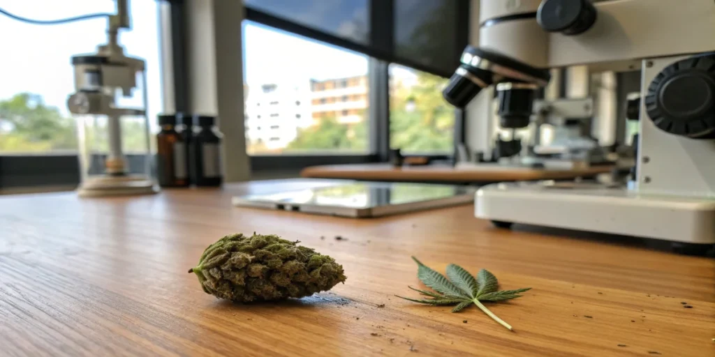Cannabis seeds on table with lab documents and testing kit