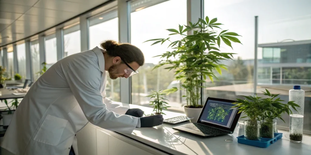 scientist analyzing cannabis leaf using pipette in laboratory