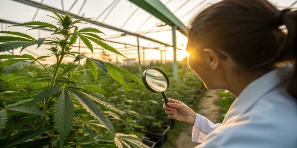 Scientist inspecting cannabis plant visually with magnifying glass