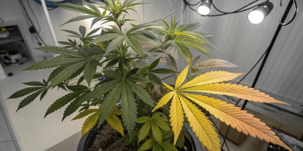 Cannabis plant with yellowing leaves caused by humidity or nutrient imbalance indoors.