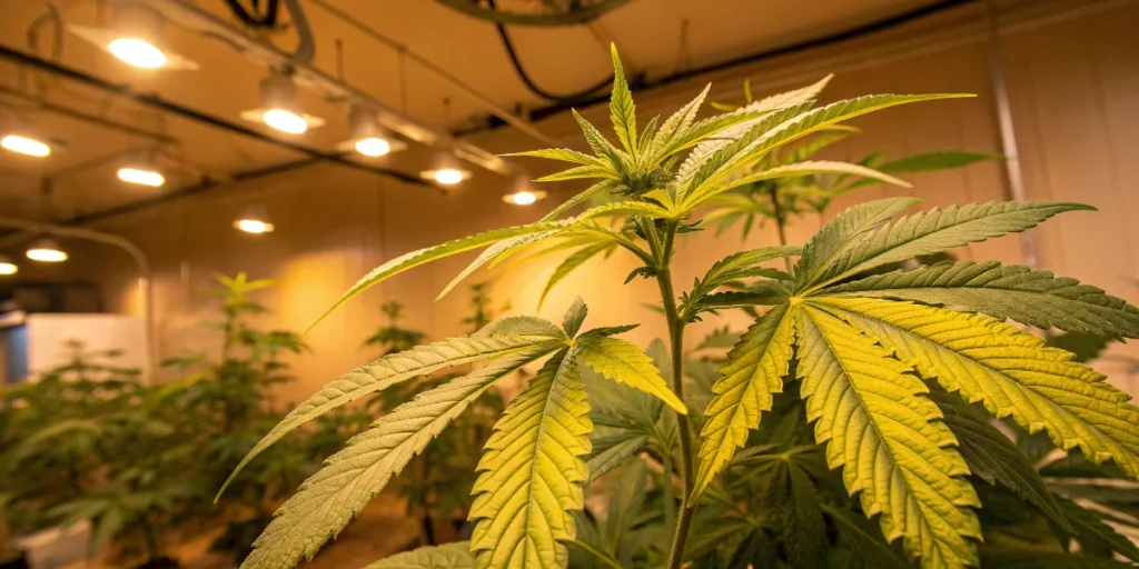 Cannabis plant showing zinc deficiency with yellowing between veins on upper leaves.