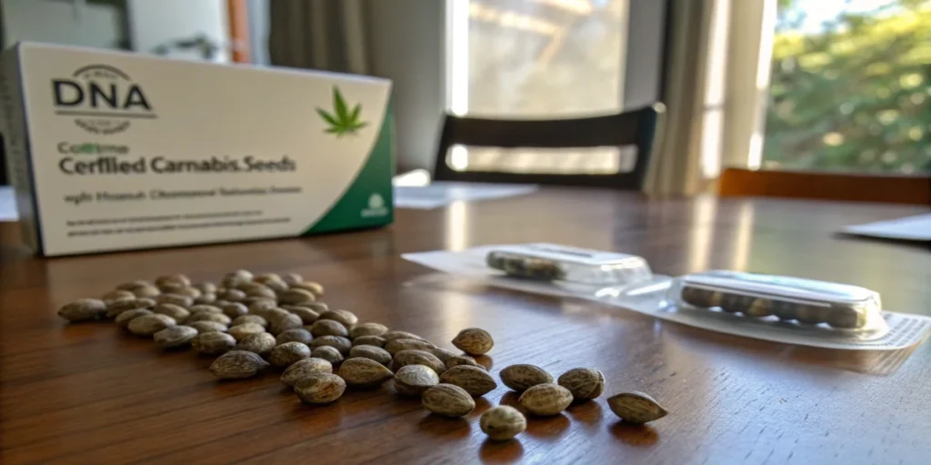 Certified cannabis seeds with DNA label and packaging on table