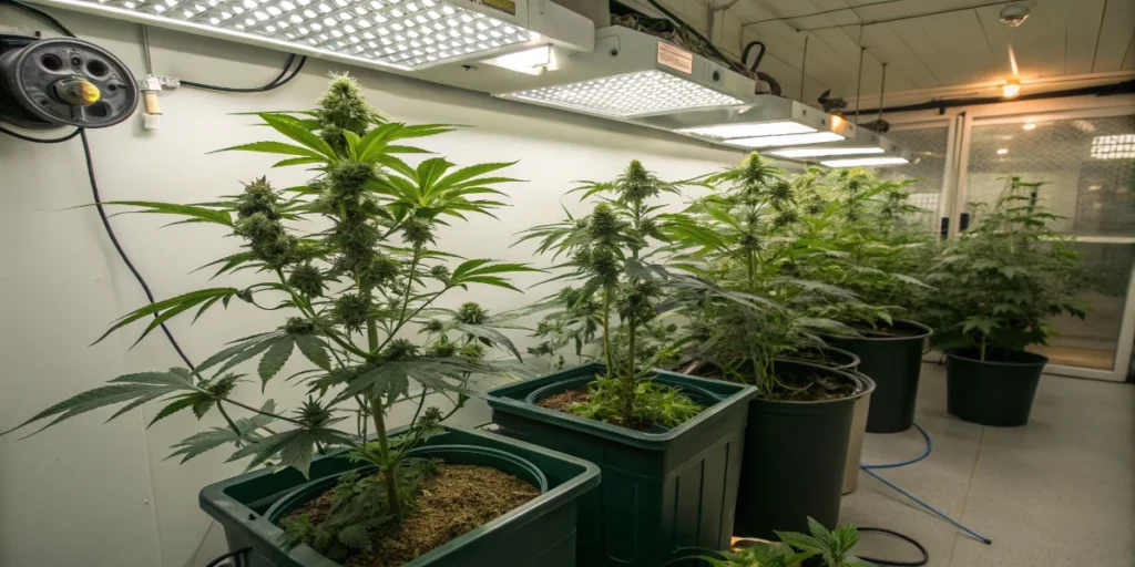 Indoor cannabis cultivation room with multiple plants in containers