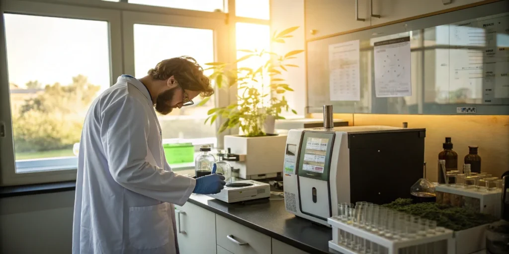 scientist performing data driven brix analysis on cannabis samples in laboratory