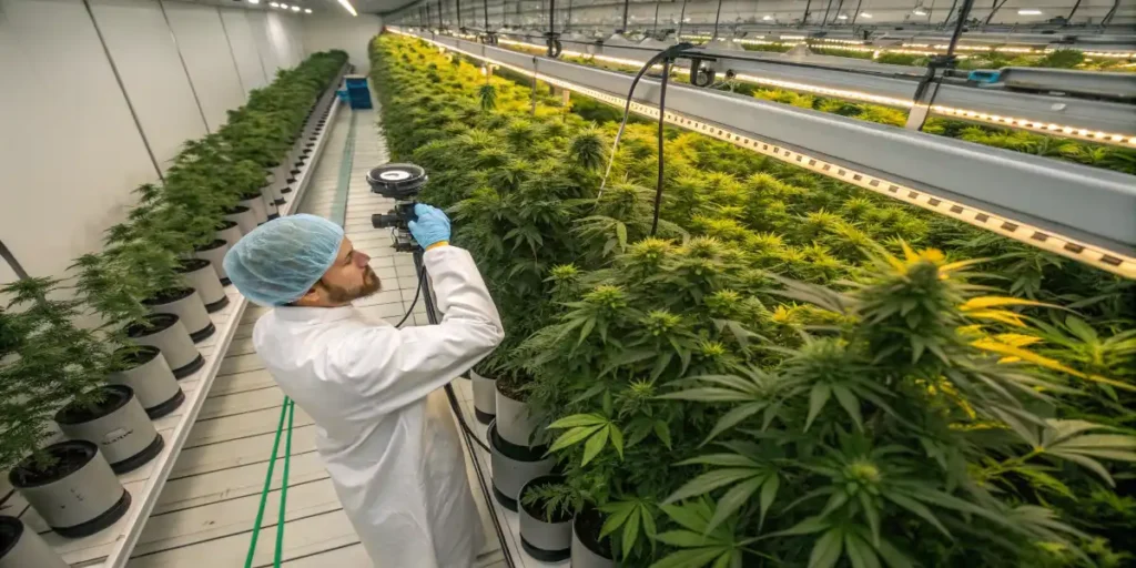 farmer testing cannabis plant brix levels with refractometer in greenhouse