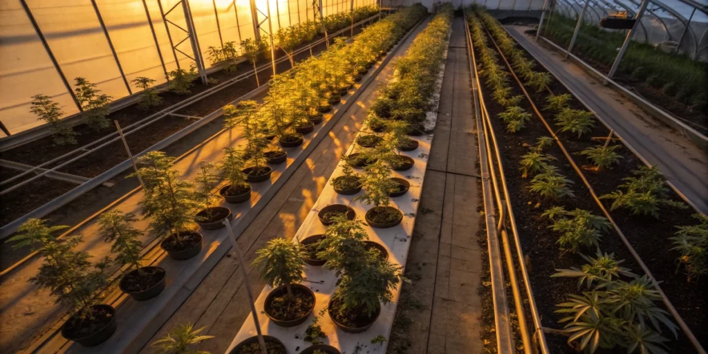 Cannabis plants in greenhouse with natural sunlight exposure