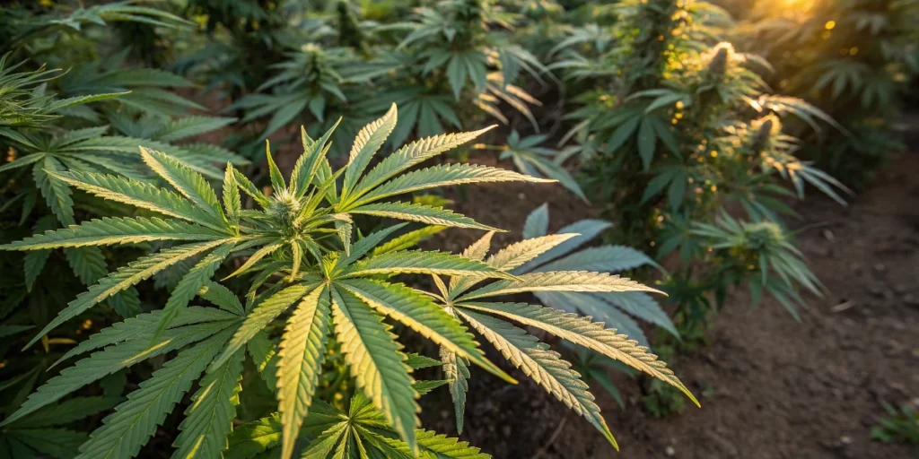 Healthy outdoor cannabis plant with vibrant green leaves and no discoloration.