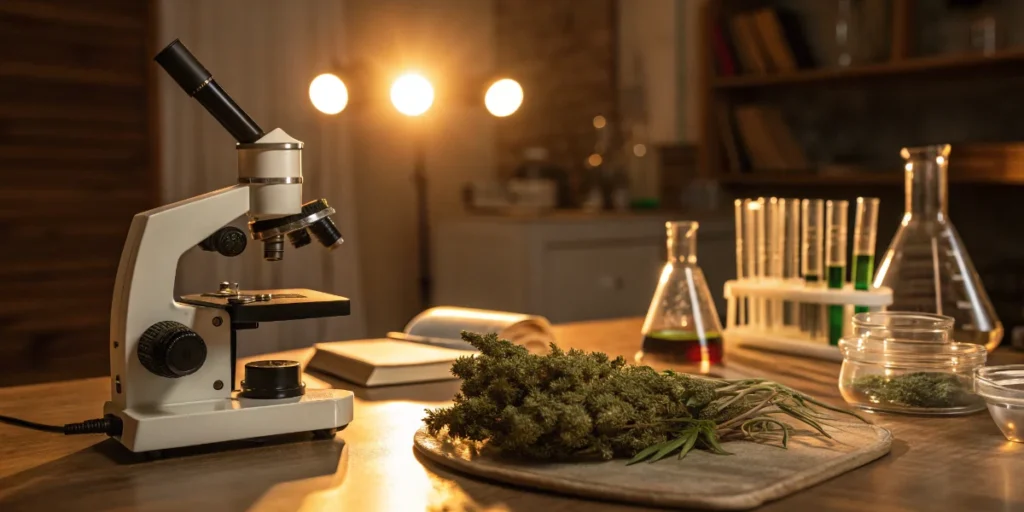 Home grower using a refractometer to measure cannabis plant sugar levels.