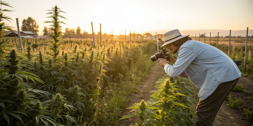Home cannabis grower using a refractometer to evaluate plant sugar content in outdoor cultivation.
