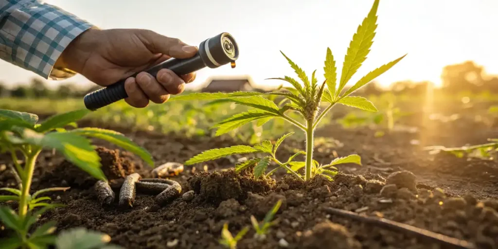 Grower using refractometer on cannabis leaf in living soil garden
