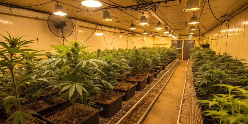 Indoor cannabis plants showing controlled genetic expression under artificial lighting.