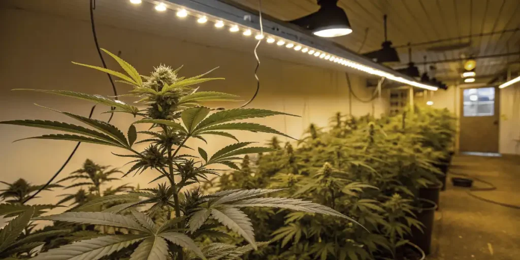 Cannabis plants under strong indoor lighting showing heat stress and brix variation