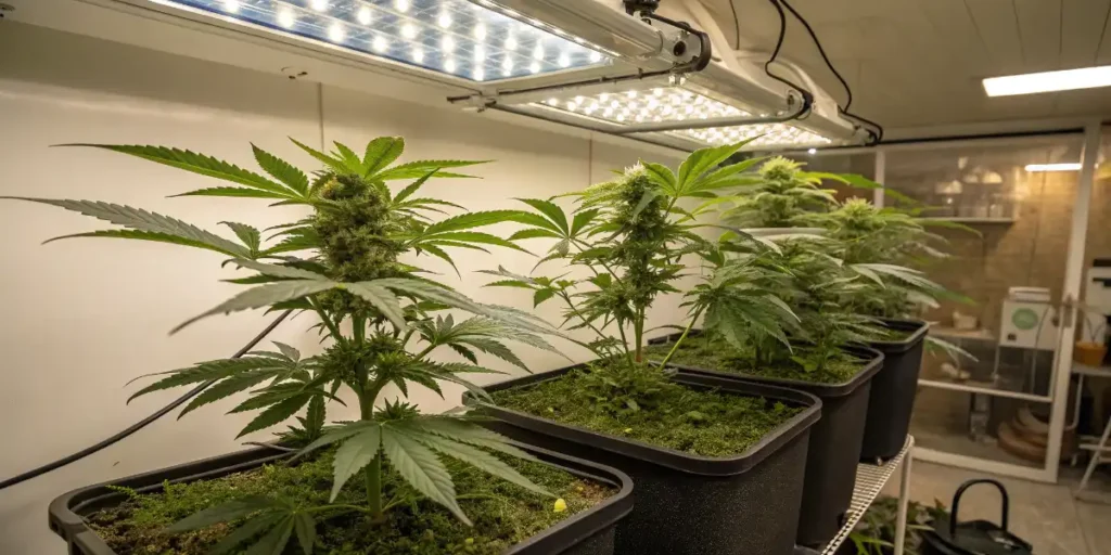 Indoor cannabis plants under LED lighting impacting sugar production and nutrient absorption.