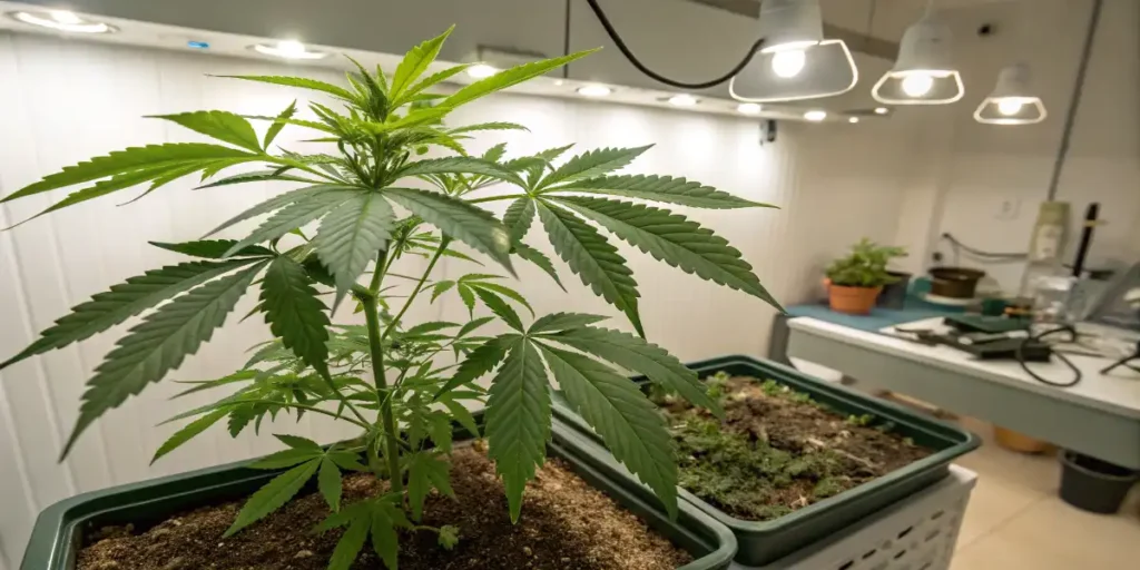 Young cannabis plant growing indoors under artificial lights for phenotype observation