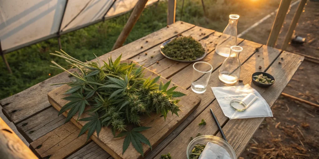 Measuring Brix in cannabis with fresh buds and tools on wooden table outdoors