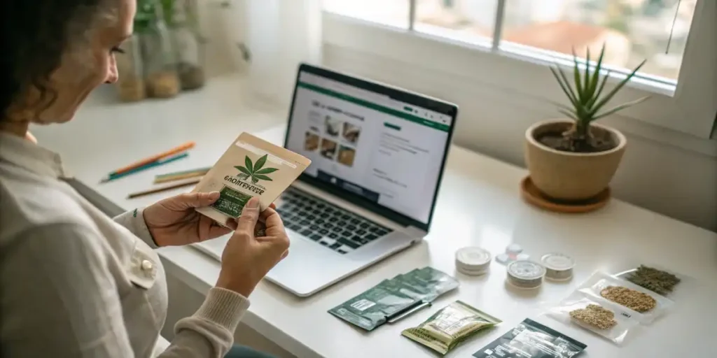 Person examining cannabis seed packaging at desk with different seed samples