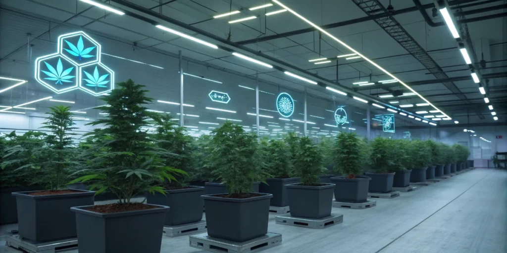 Indoor cannabis cultivation facility with digital molecular marker icons