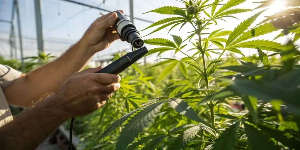 Scientist measuring brix levels in organic cannabis plant with refractometer