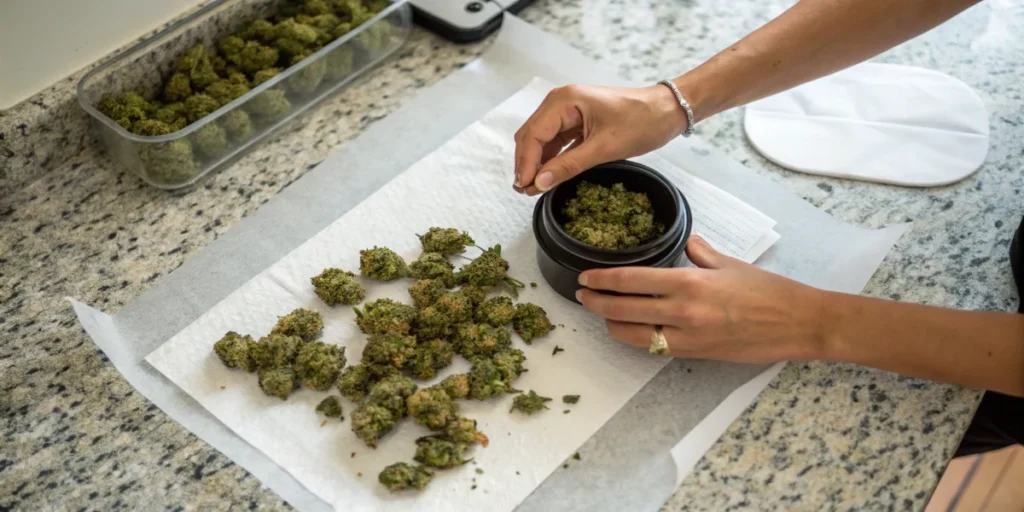 Multiple vacuum-sealed cannabis bags arranged in storage bin