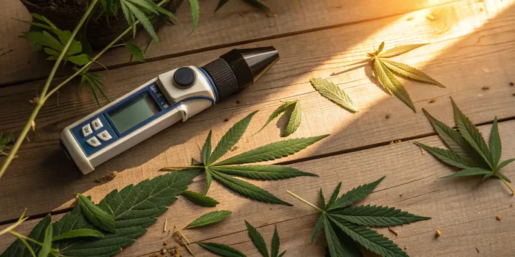 Refractometer calibration for cannabis with device and leaves on wooden surface