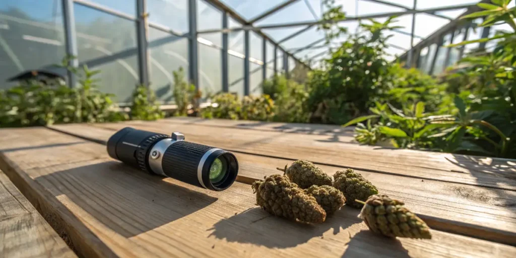 Refractometer placed next to cannabis buds inside a greenhouse.