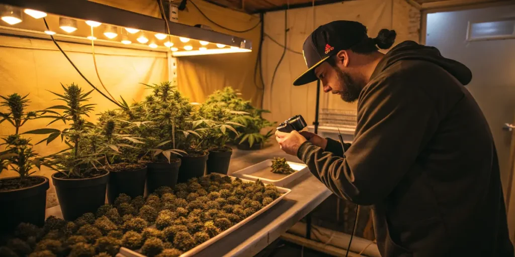 Grower using a refractometer to analyze cannabis buds in an indoor grow room.