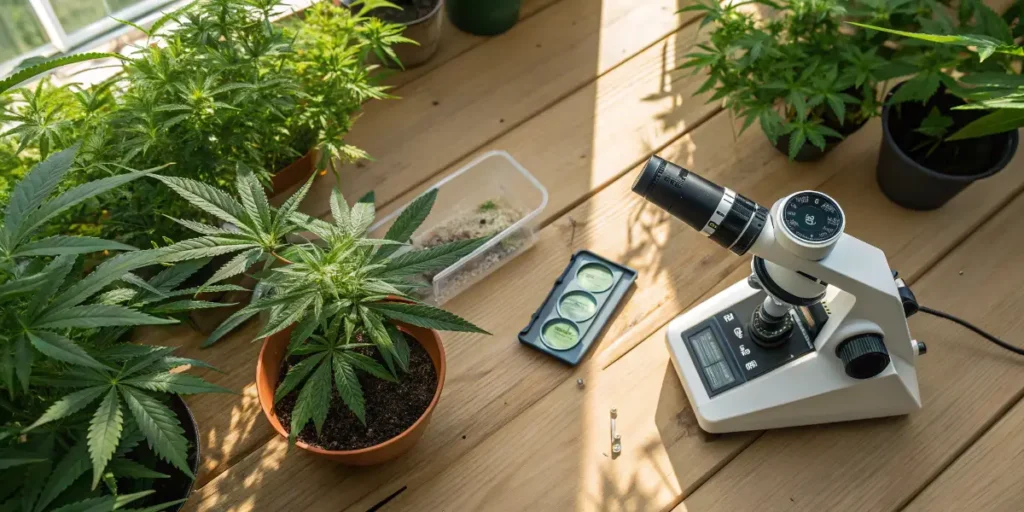 Refractometer used to measure cannabis plant health and Brix levels on a table.