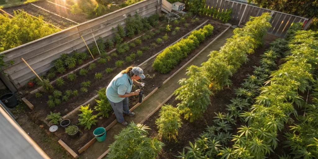 Using a refractometer in a home cannabis garden to check plant health and sugar content.